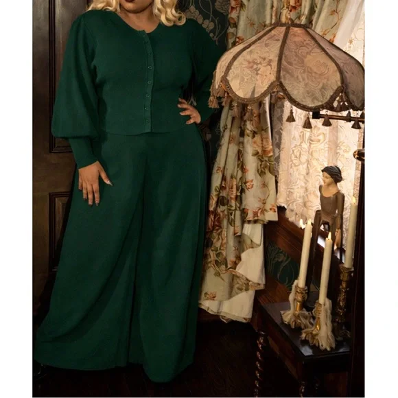 La Femme en Noir Emerald Green Palazzo Wide Leg Pants Gothic Whimsigoth Pinup L - Picture 2 of 10